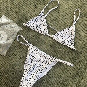 Basic swim Bikini Set Womens M White Black polka dot animal print Triangle